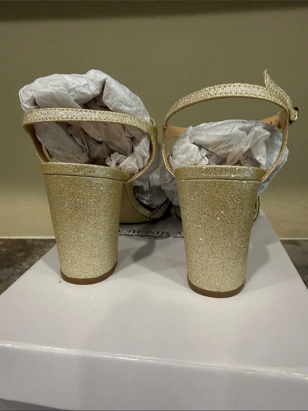 Badgley Mischka Light Gold Rhinestone Strap Dress Heels